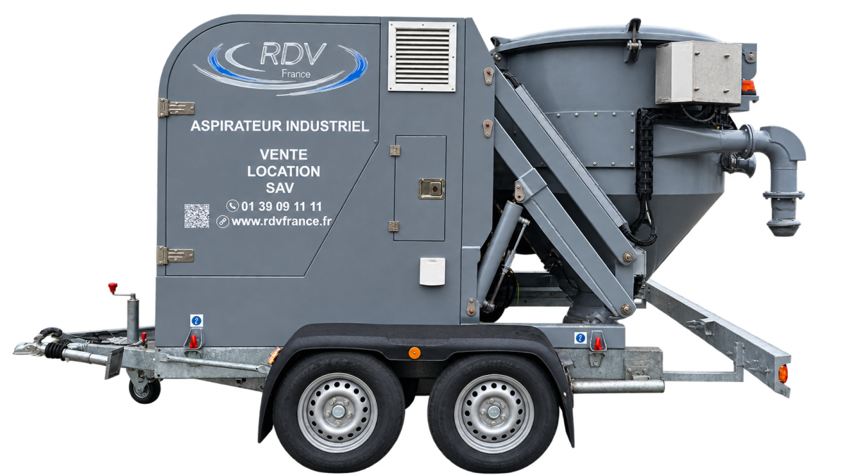 DG25 | Aspirateur industriel sur remorque – Trémie 500 L – Diesel 23,2 kW / Électrique 22 kW Aspirateur sur remorque